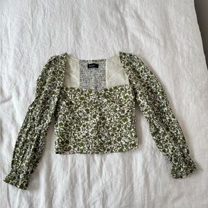 Green Floral Blouse with Long Sleeves